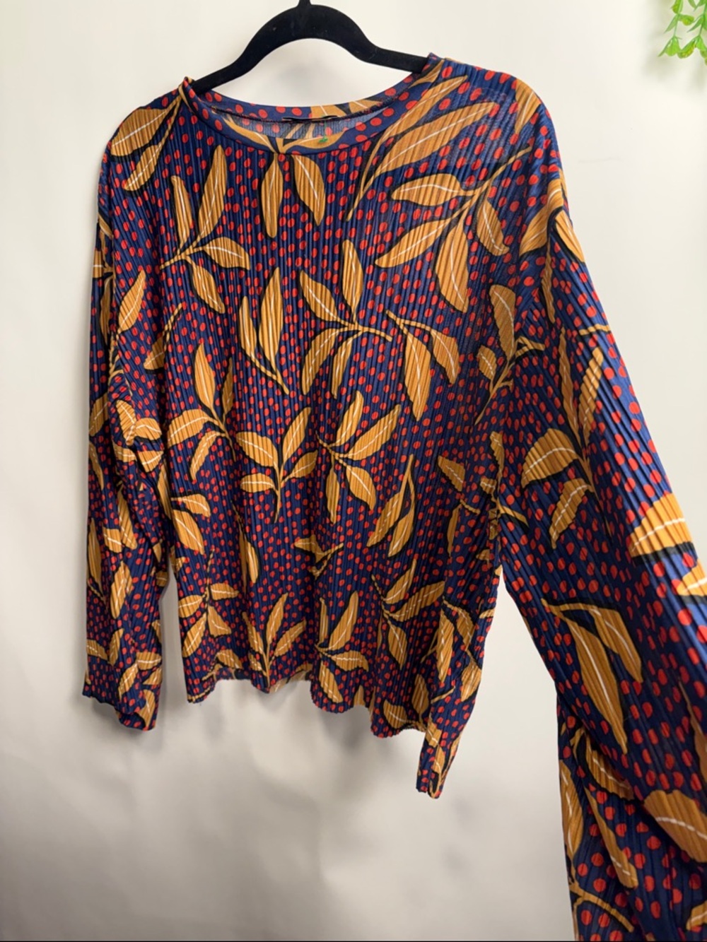 Zara Navy Top with Mustard Leaf and Red Dot Print